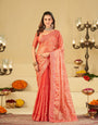 Peach Pink Designer Fendy Satin Saree with Heavy Embroidered Border | Premium Festive Party Wear Embroidered Saree with Blouse