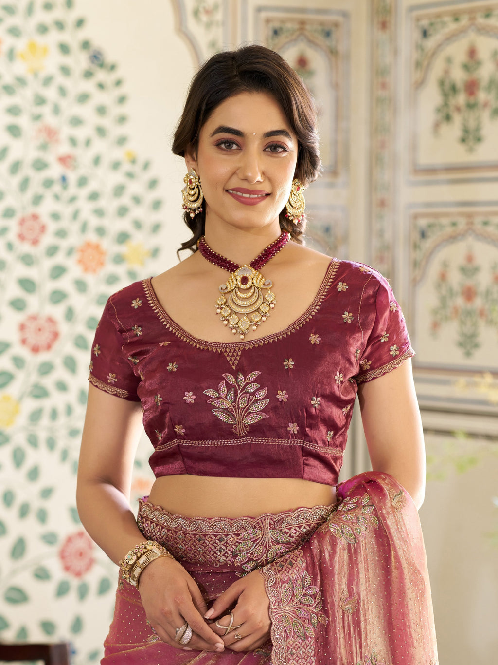 Dual Tone Rose Pink & Wine Fendy Satin Embroidered Saree with Floral Motifs & Zari Border | Designer Festive Saree with Tassels & Heavy Embroidered Blouse