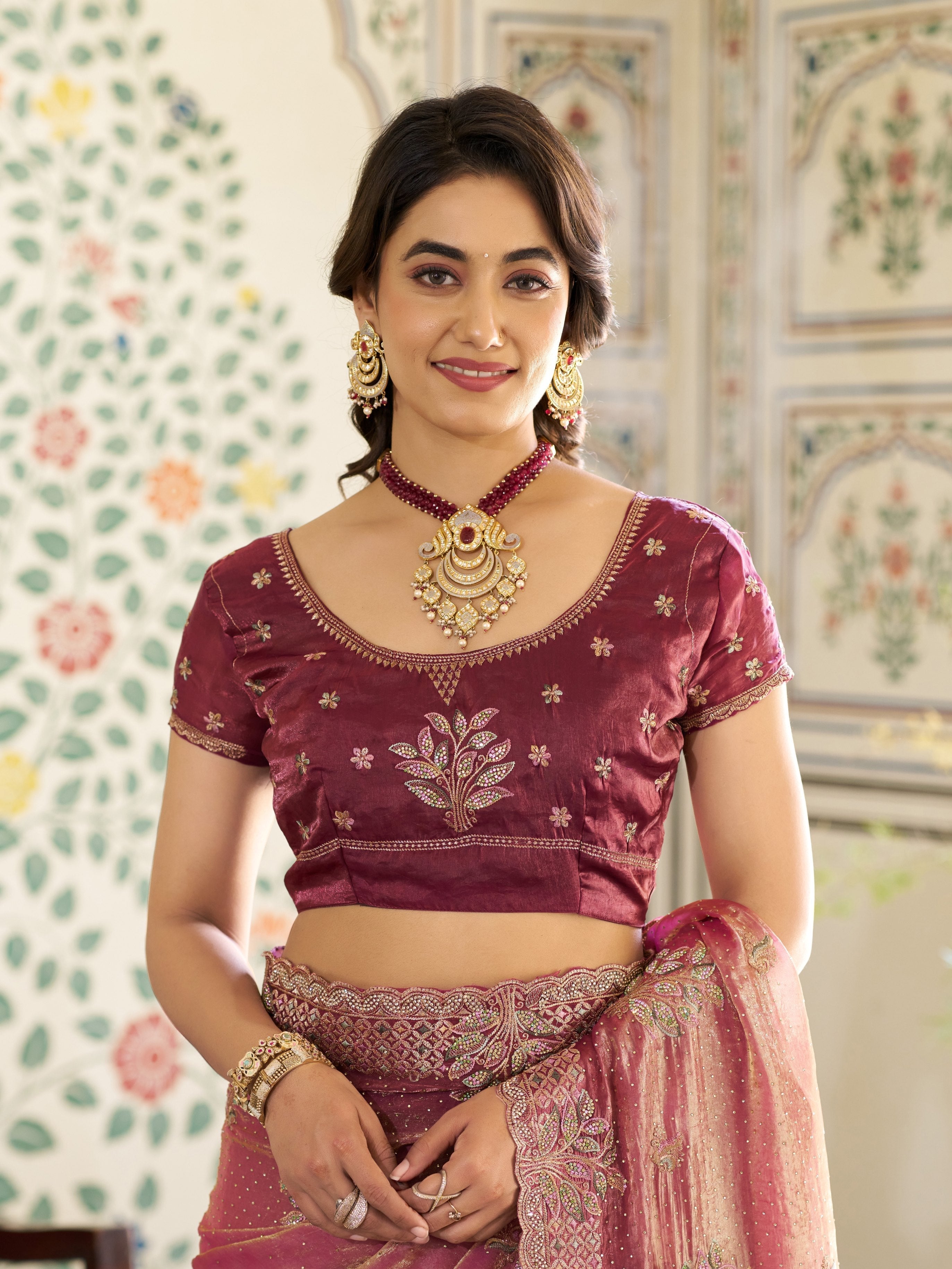 Dual Tone Rose Pink & Wine Fendy Satin Embroidered Saree with Floral Motifs & Zari Border | Designer Festive Saree with Tassels & Heavy Embroidered Blouse