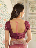 Dual Tone Rose Pink & Wine Fendy Satin Embroidered Saree with Floral Motifs & Zari Border | Designer Festive Saree with Tassels & Heavy Embroidered Blouse