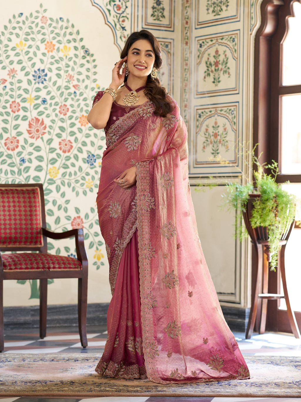 Dual Tone Rose Pink & Wine Fendy Satin Embroidered Saree with Floral Motifs & Zari Border | Designer Festive Saree with Tassels & Heavy Embroidered Blouse
