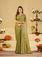 Olive Green Designer Fendy Satin Saree with Heavy Embroidered Border | Premium Festive Party Wear Saree with Blouse