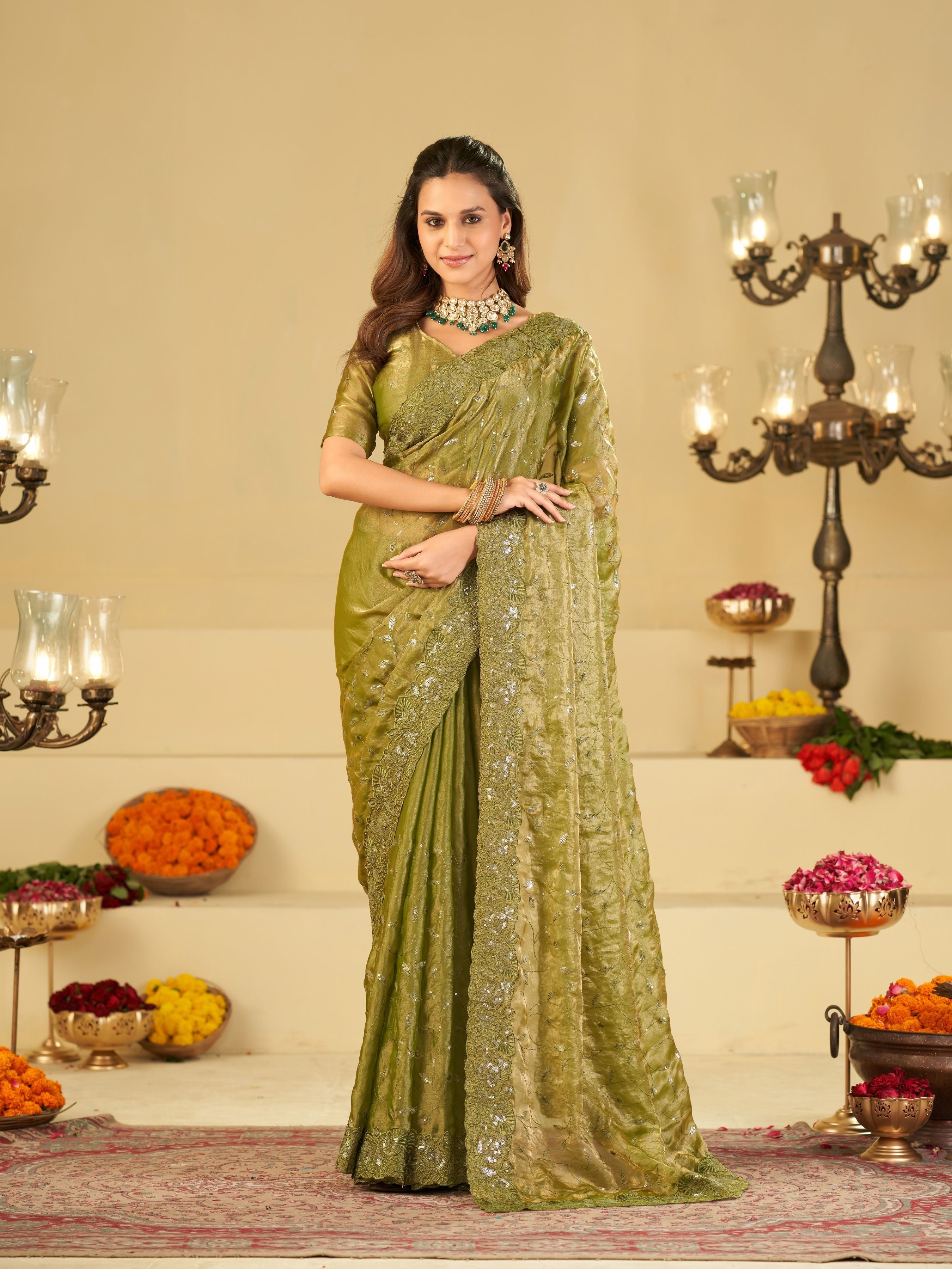 Olive Green Designer Fendy Satin Saree with Heavy Embroidered Border | Premium Festive Party Wear Saree with Blouse