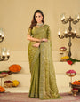 Olive Green Designer Fendy Satin Saree with Heavy Embroidered Border | Premium Festive Party Wear Saree with Blouse