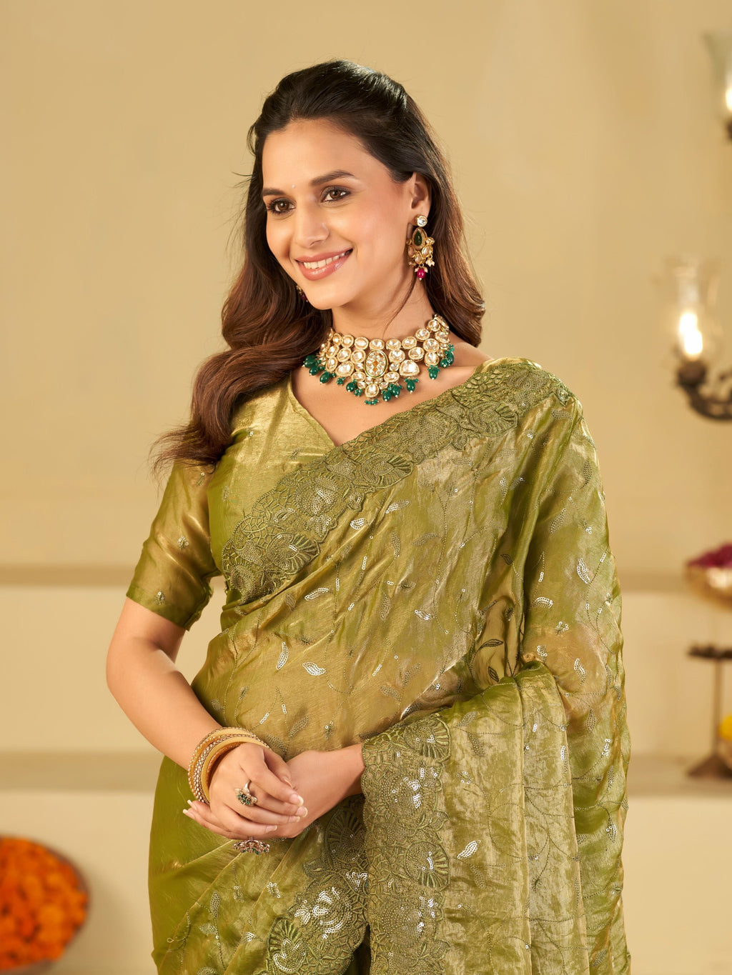 Olive Green Designer Fendy Satin Saree with Heavy Embroidered Border | Premium Festive Party Wear Saree with Blouse