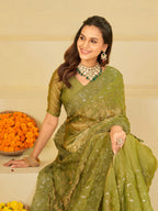 Olive Green Designer Fendy Satin Saree with Heavy Embroidered Border | Premium Festive Party Wear Saree with Blouse