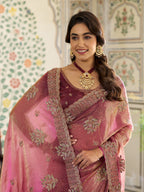 Dual Tone Rose Pink & Wine Fendy Satin Embroidered Saree with Floral Motifs & Zari Border | Designer Festive Saree with Tassels & Heavy Embroidered Blouse