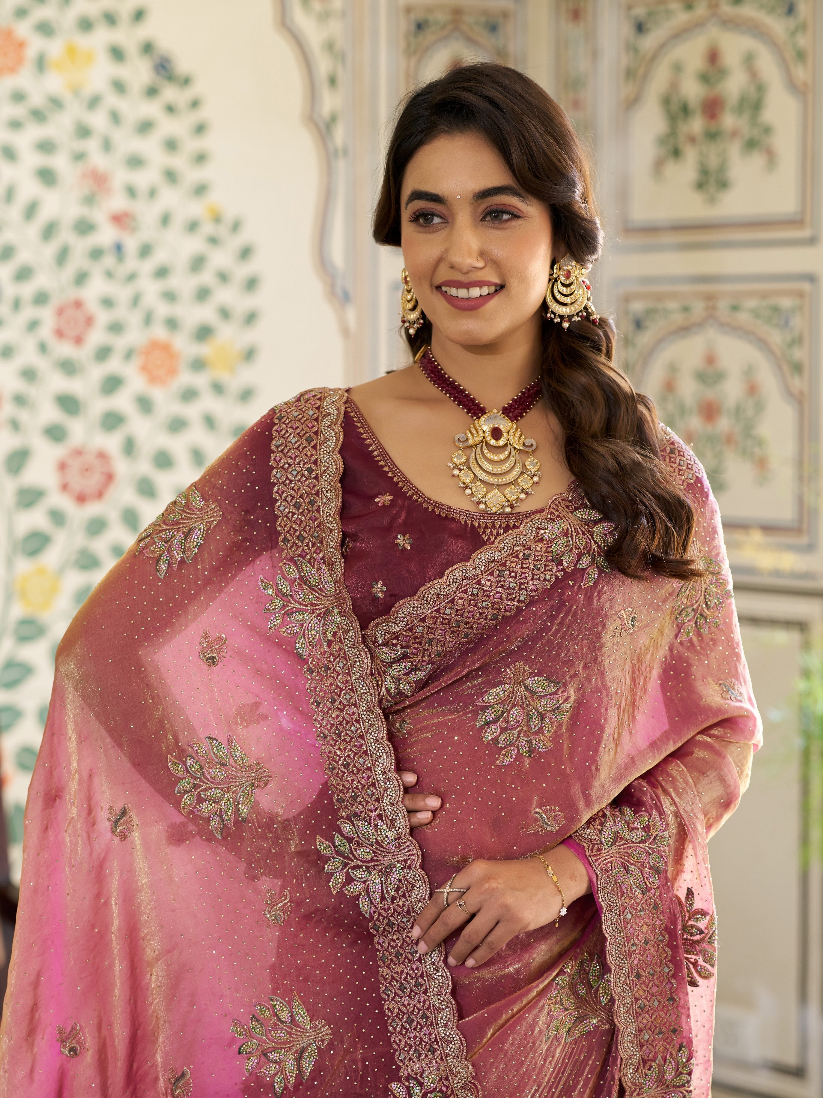 Dual Tone Rose Pink & Wine Fendy Satin Embroidered Saree with Floral Motifs & Zari Border | Designer Festive Saree with Tassels & Heavy Embroidered Blouse