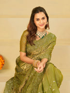 Olive Green Designer Fendy Satin Saree with Heavy Embroidered Border | Premium Festive Party Wear Saree with Blouse