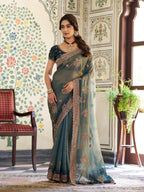 Deep Teal Green Fendy Satin Embroidered Saree with Floral Motifs & Rich Zari Border | Designer Party Wear Saree with Tassels & Heavy Embroidered Blouse