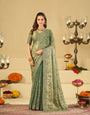 Sea Green Fendy Satin Saree with Heavy Embroidered Border | Designer Party Wear Embroidered Saree with Blouse