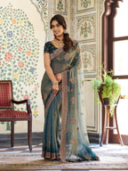 Deep Teal Green Fendy Satin Embroidered Saree with Floral Motifs & Rich Zari Border | Designer Party Wear Saree with Tassels & Heavy Embroidered Blouse