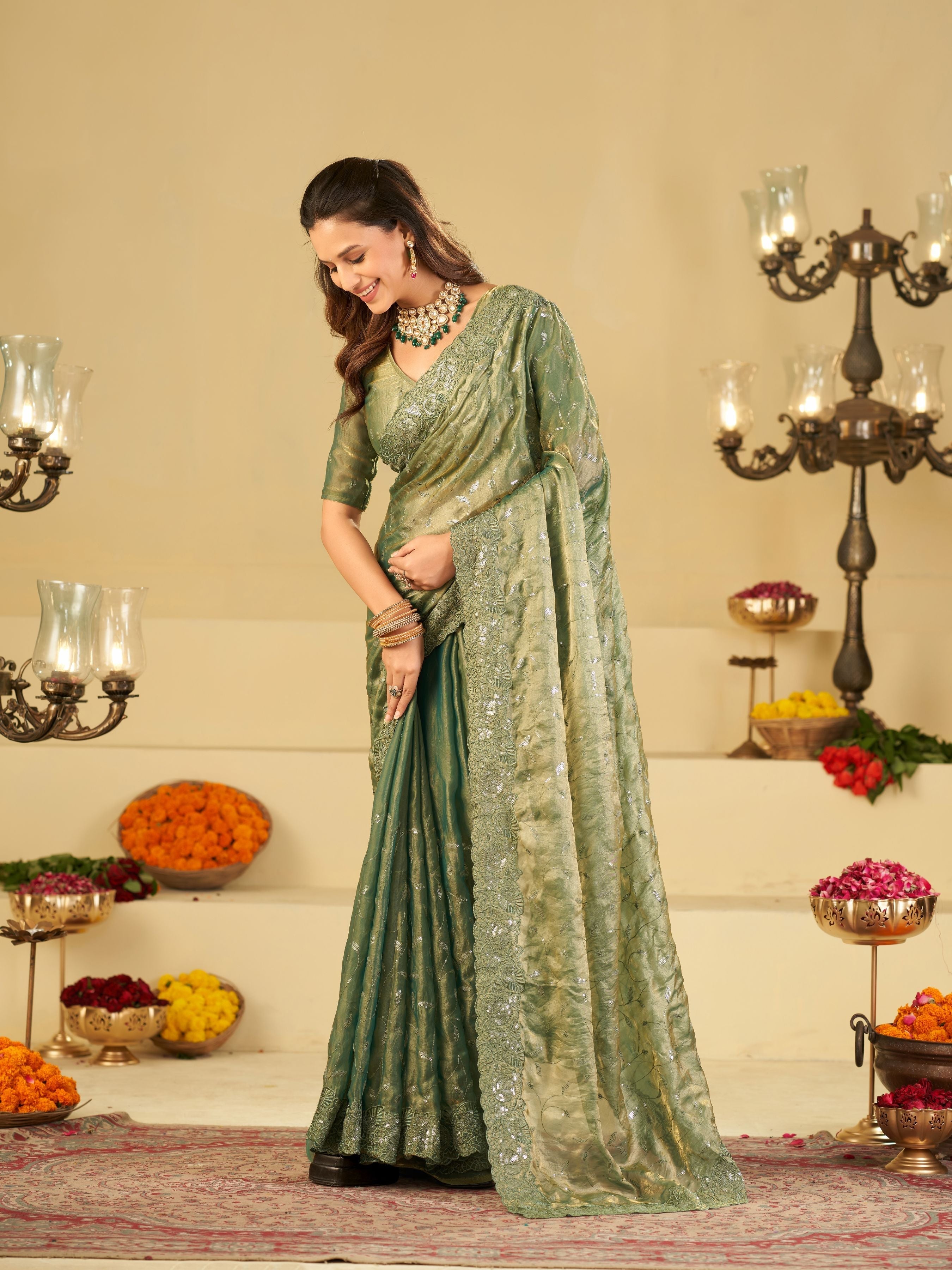 Sea Green Fendy Satin Saree with Heavy Embroidered Border | Designer Party Wear Embroidered Saree with Blouse