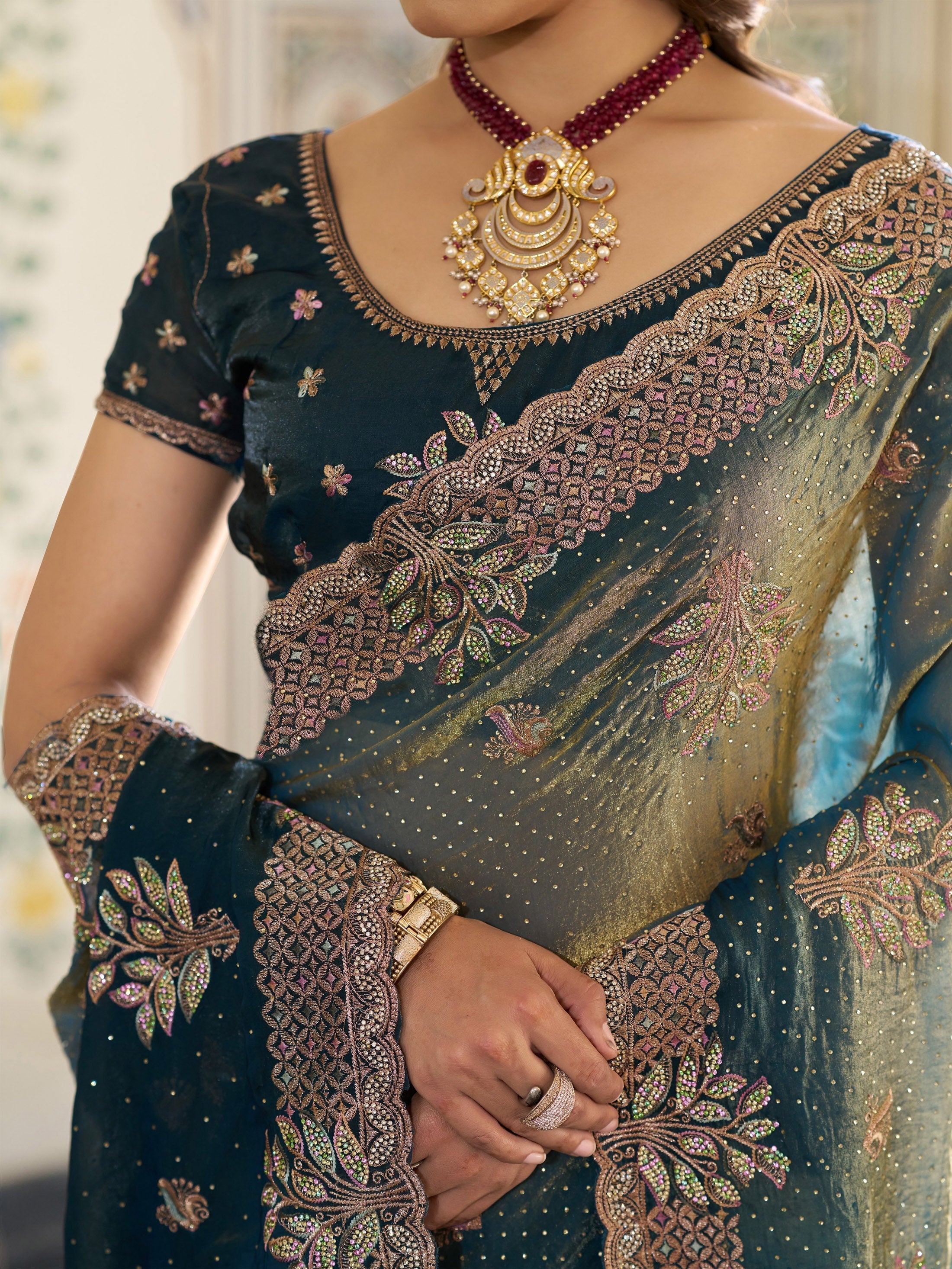 Deep Teal Green Fendy Satin Embroidered Saree with Floral Motifs & Rich Zari Border | Designer Party Wear Saree with Tassels & Heavy Embroidered Blouse