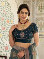 Deep Teal Green Fendy Satin Embroidered Saree with Floral Motifs & Rich Zari Border | Designer Party Wear Saree with Tassels & Heavy Embroidered Blouse