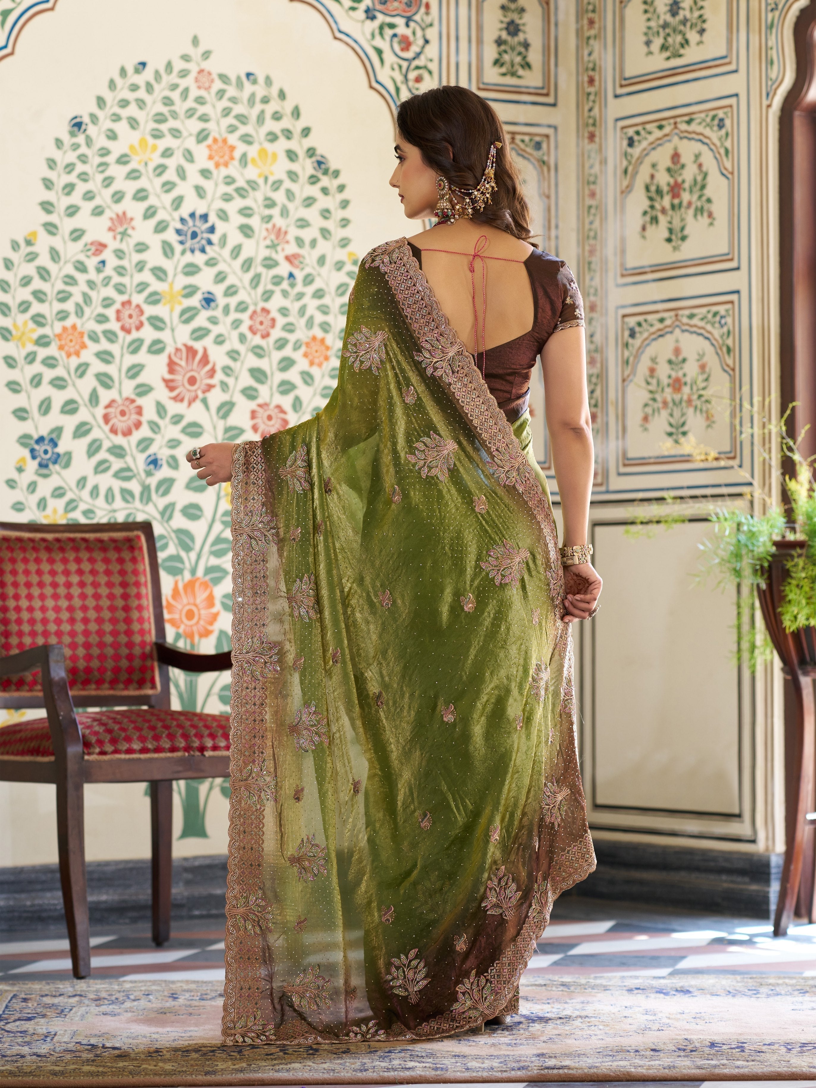 Olive Green Fendy Satin Embroidered Saree with Floral & Paisley Motifs | Designer Zari Border Saree with Tassels & Heavy Embroidered Blouse