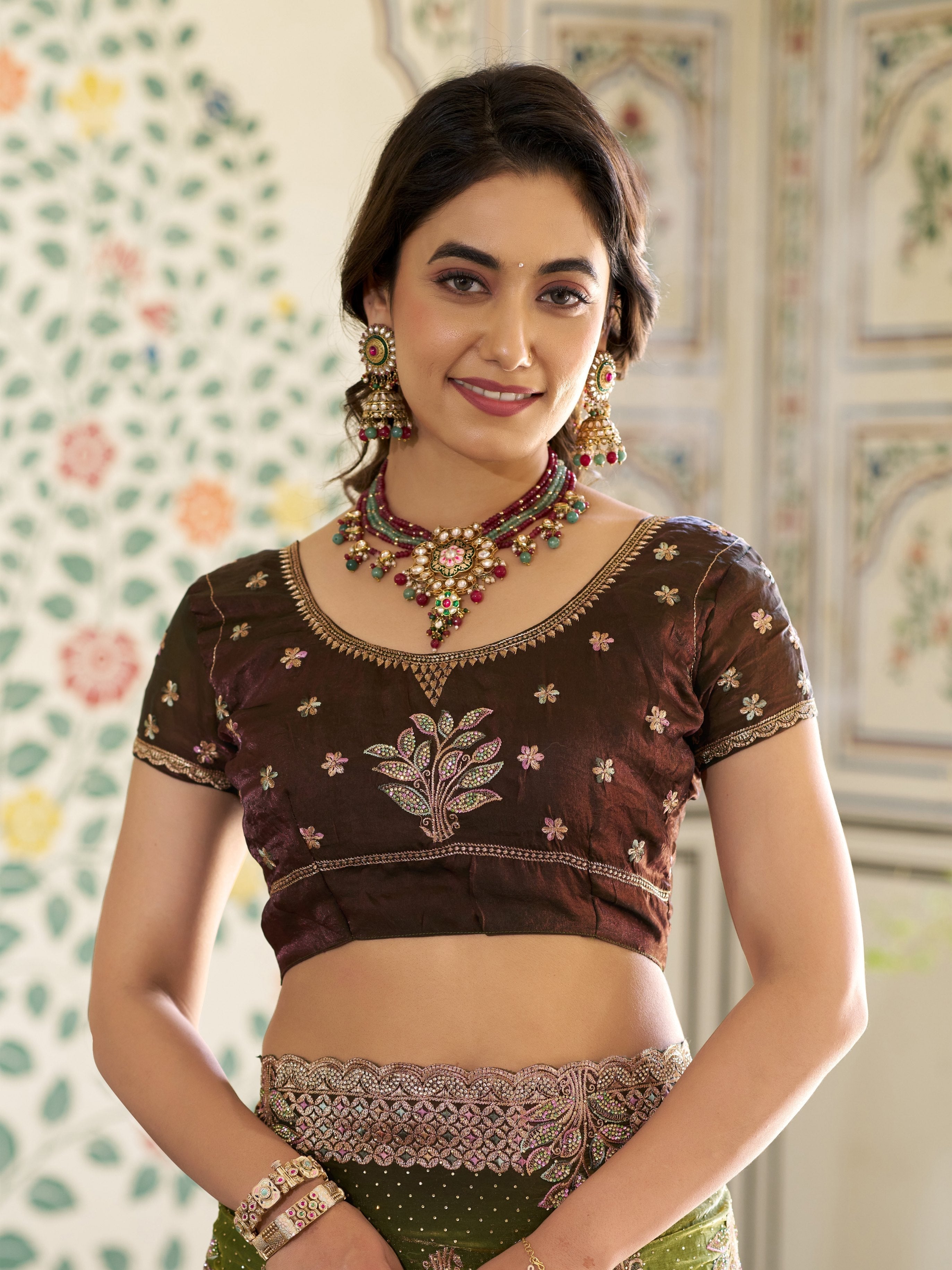 Olive Green Fendy Satin Embroidered Saree with Floral & Paisley Motifs | Designer Zari Border Saree with Tassels & Heavy Embroidered Blouse