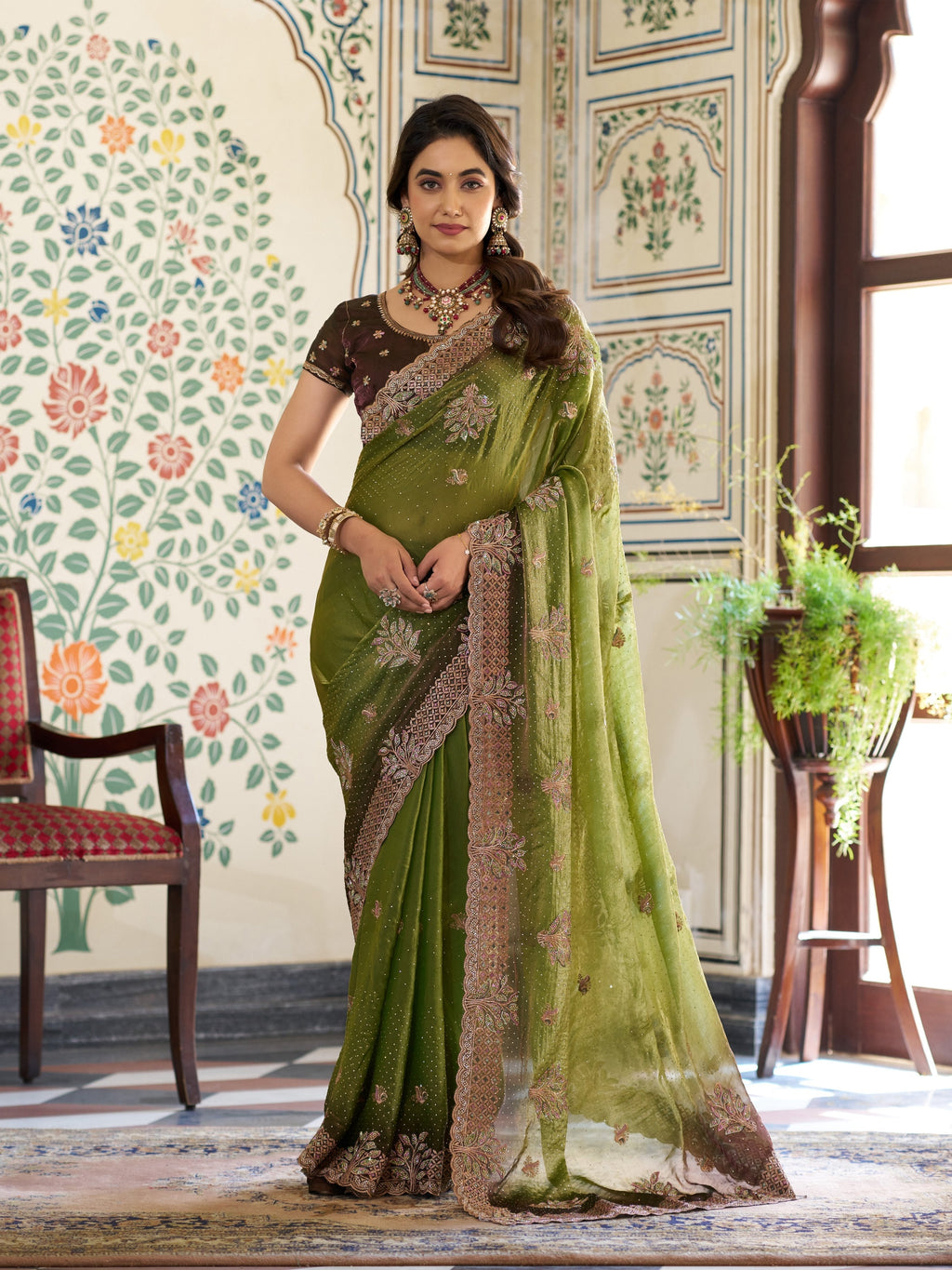 Olive Green Fendy Satin Embroidered Saree with Floral & Paisley Motifs | Designer Zari Border Saree with Tassels & Heavy Embroidered Blouse