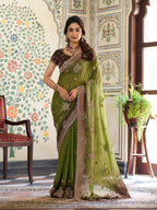Olive Green Fendy Satin Embroidered Saree with Floral & Paisley Motifs | Designer Zari Border Saree with Tassels & Heavy Embroidered Blouse