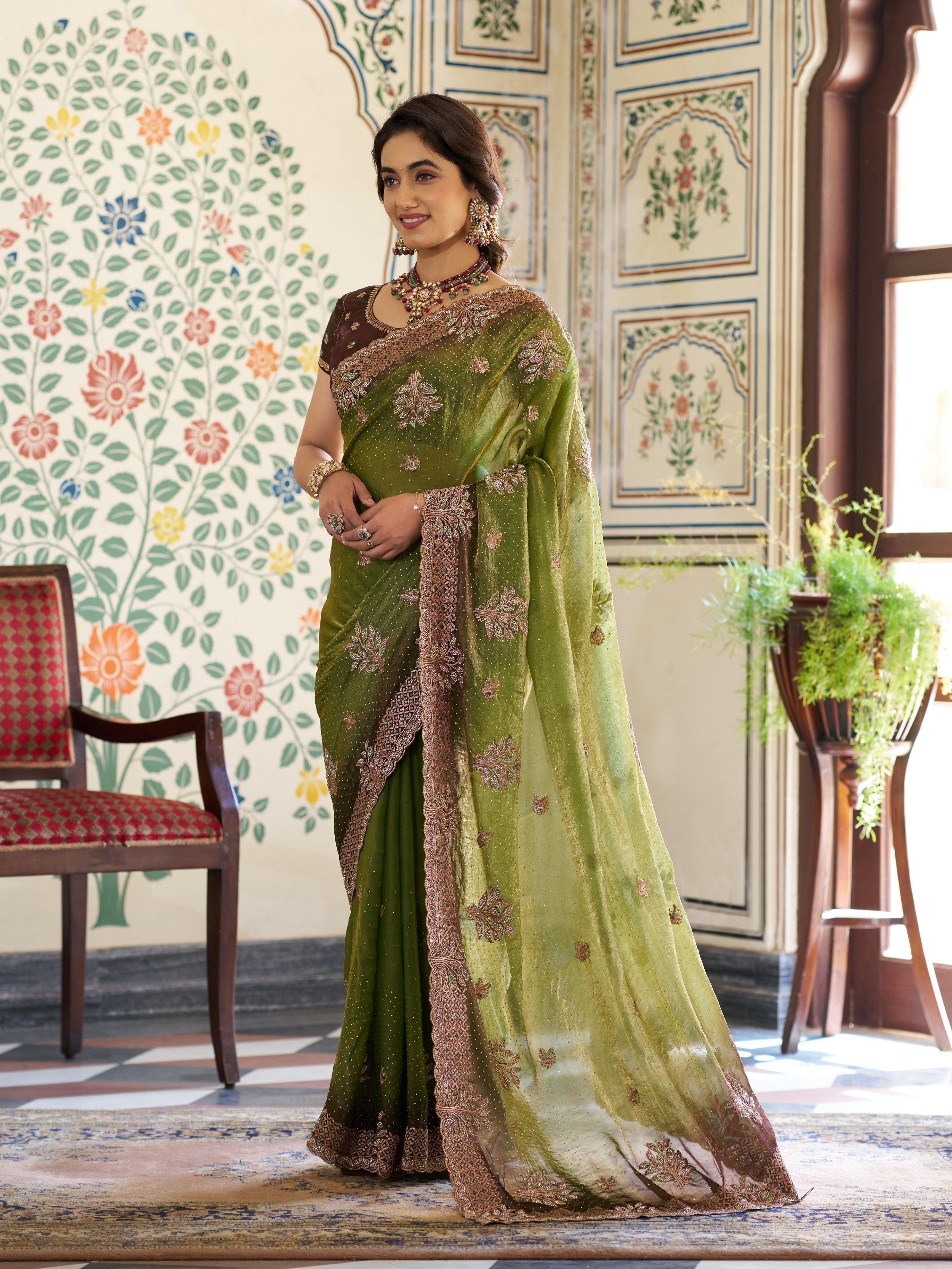 Olive Green Fendy Satin Embroidered Saree with Floral & Paisley Motifs | Designer Zari Border Saree with Tassels & Heavy Embroidered Blouse