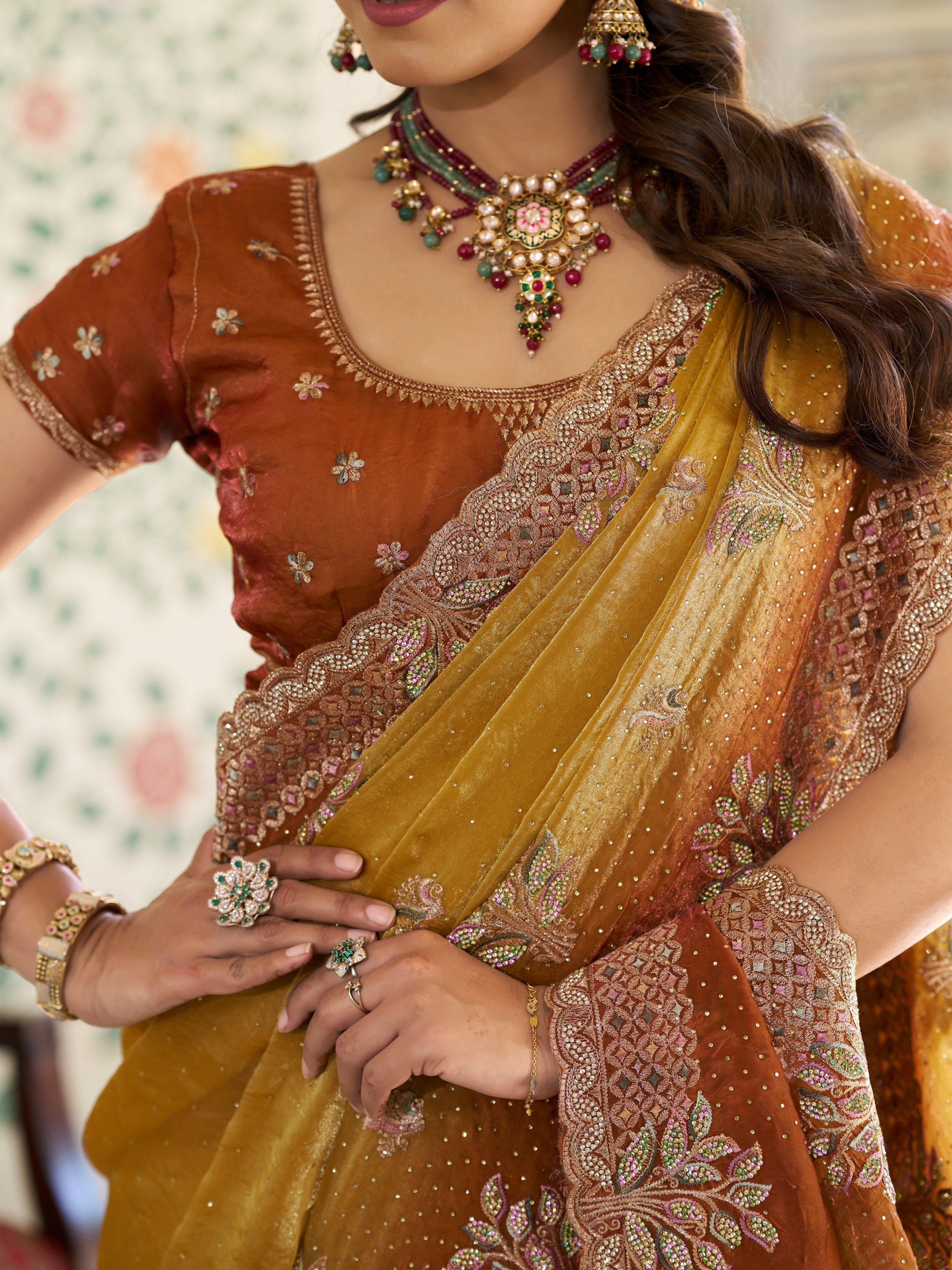Dual Tone Mustard Yellow & Rust Fendy Satin Embroidered Saree with Floral Motifs & Zari Border | Designer Festive Saree with Tassels & Heavy Embroidered Blouse
