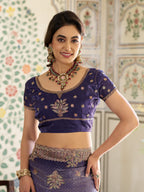 Royal Purple Fendy Satin Embroidered Saree with Floral Motifs & Zari Border | Designer Party Wear Saree with Tassels & Heavy Embroidered Blouse