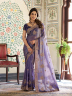 Royal Purple Fendy Satin Embroidered Saree with Floral Motifs & Zari Border | Designer Party Wear Saree with Tassels & Heavy Embroidered Blouse