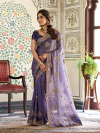 Royal Purple Fendy Satin Embroidered Saree with Floral Motifs & Zari Border | Designer Party Wear Saree with Tassels & Heavy Embroidered Blouse