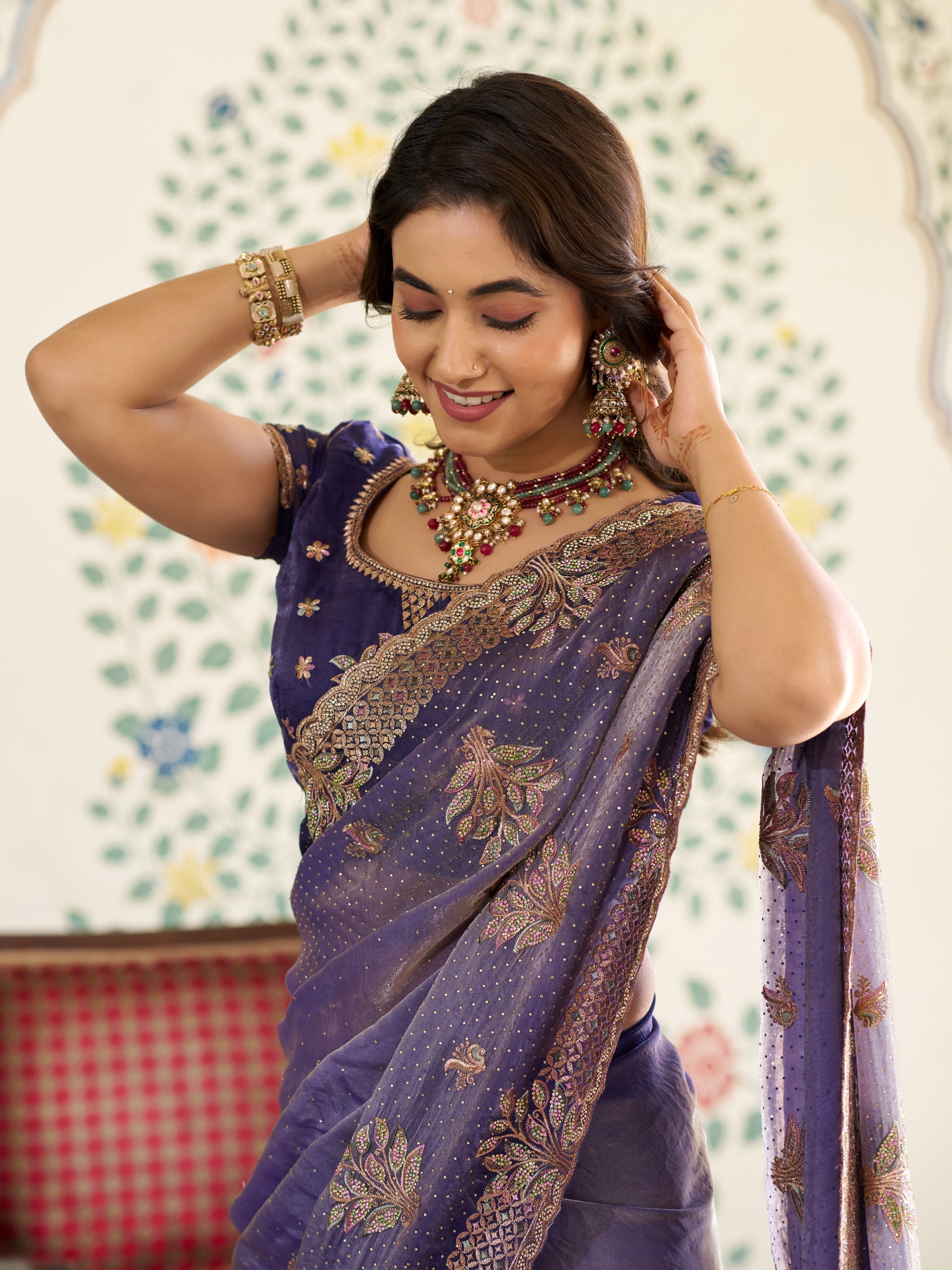Royal Purple Fendy Satin Embroidered Saree with Floral Motifs & Zari Border | Designer Party Wear Saree with Tassels & Heavy Embroidered Blouse