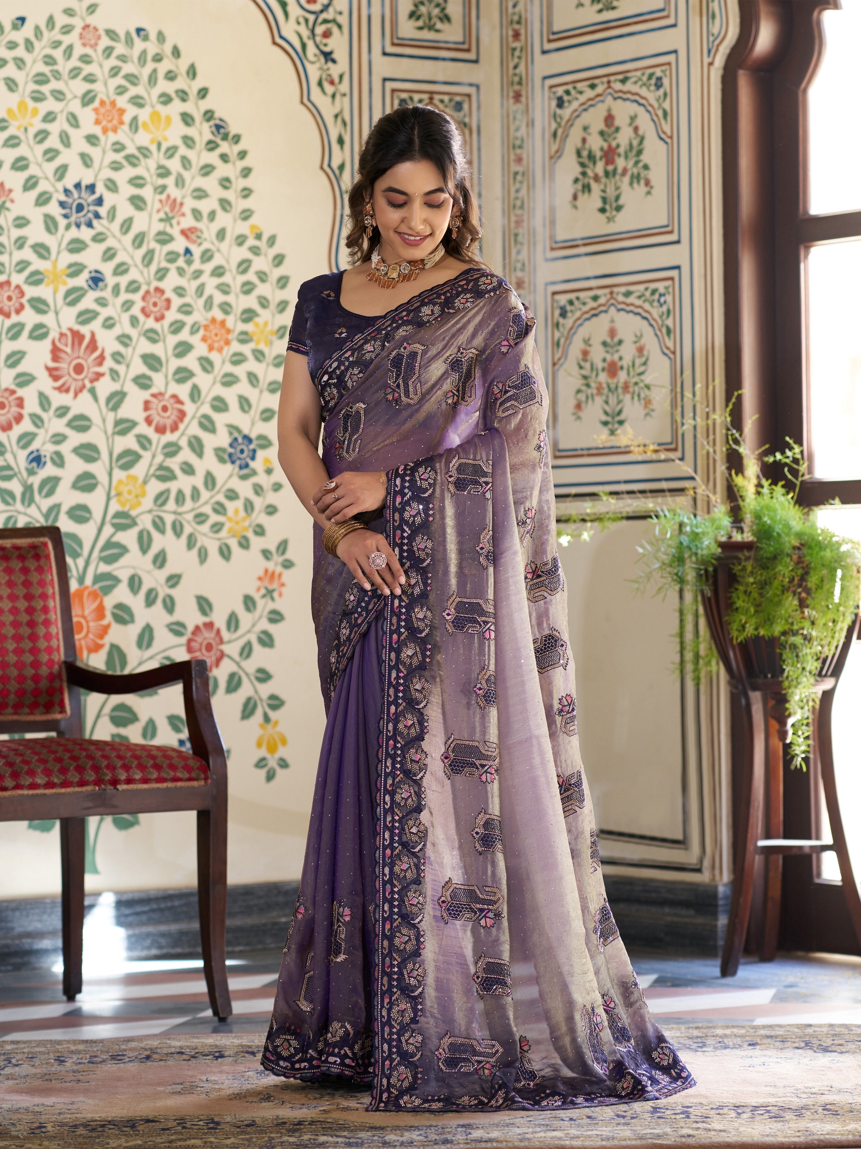 Lavender Purple Fendy Satin Embroidered Saree with Ethnic Elephant Motifs & Designer Zari Border | Festive Saree with Tassels & Heavy Embroidered Blouse