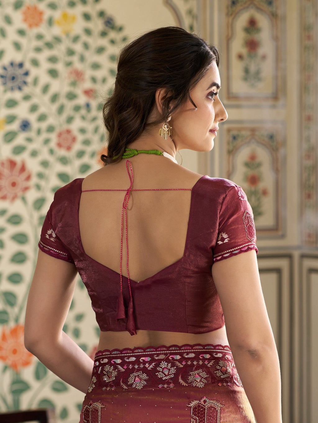 Wine Pink Fendy Satin Embroidered Saree with Ethnic Motifs & Zari Border | Designer Saree with Tassels & Heavy Embroidered Blouse