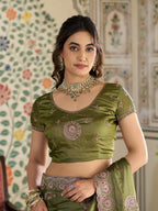 Olive Green Fendy Satin Embroidered Saree with Circular Motifs & Heavy Zari Border | Designer Saree with Tassels & Embroidered Blouse