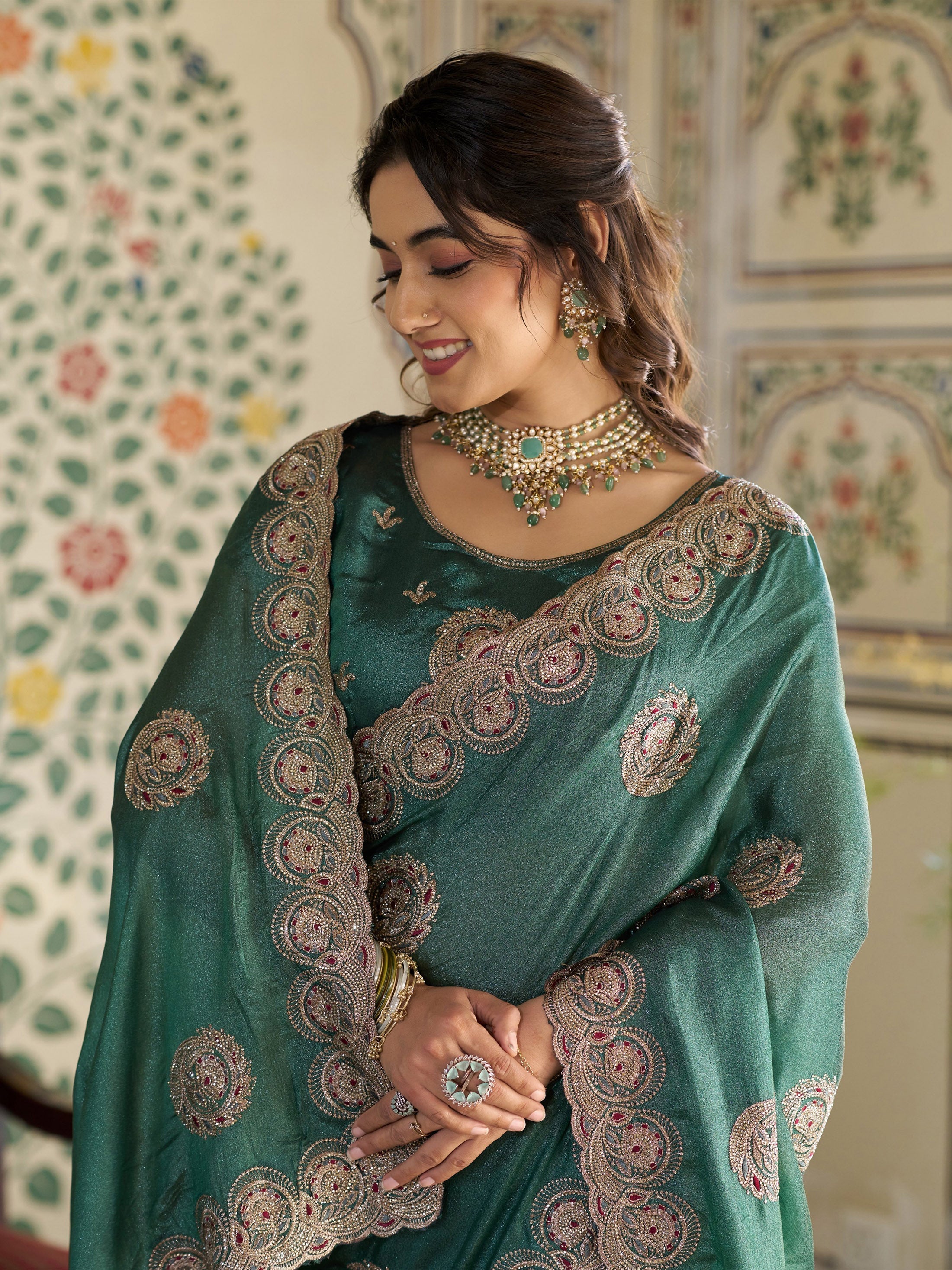 Emerald Green Fendy Satin Designer Saree with Circular Embroidery & Heavy Zari Border | Festive Party Wear Saree with Blouse