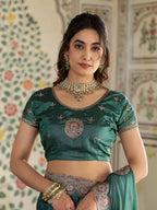 Emerald Green Fendy Satin Designer Saree with Circular Embroidery & Heavy Zari Border | Festive Party Wear Saree with Blouse