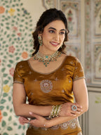 Antique Mustard Gold Fendy Satin Designer Saree with Zari Circular Motifs & Heavy Embroidered Border | Festive Wedding Wear Saree with Blouse