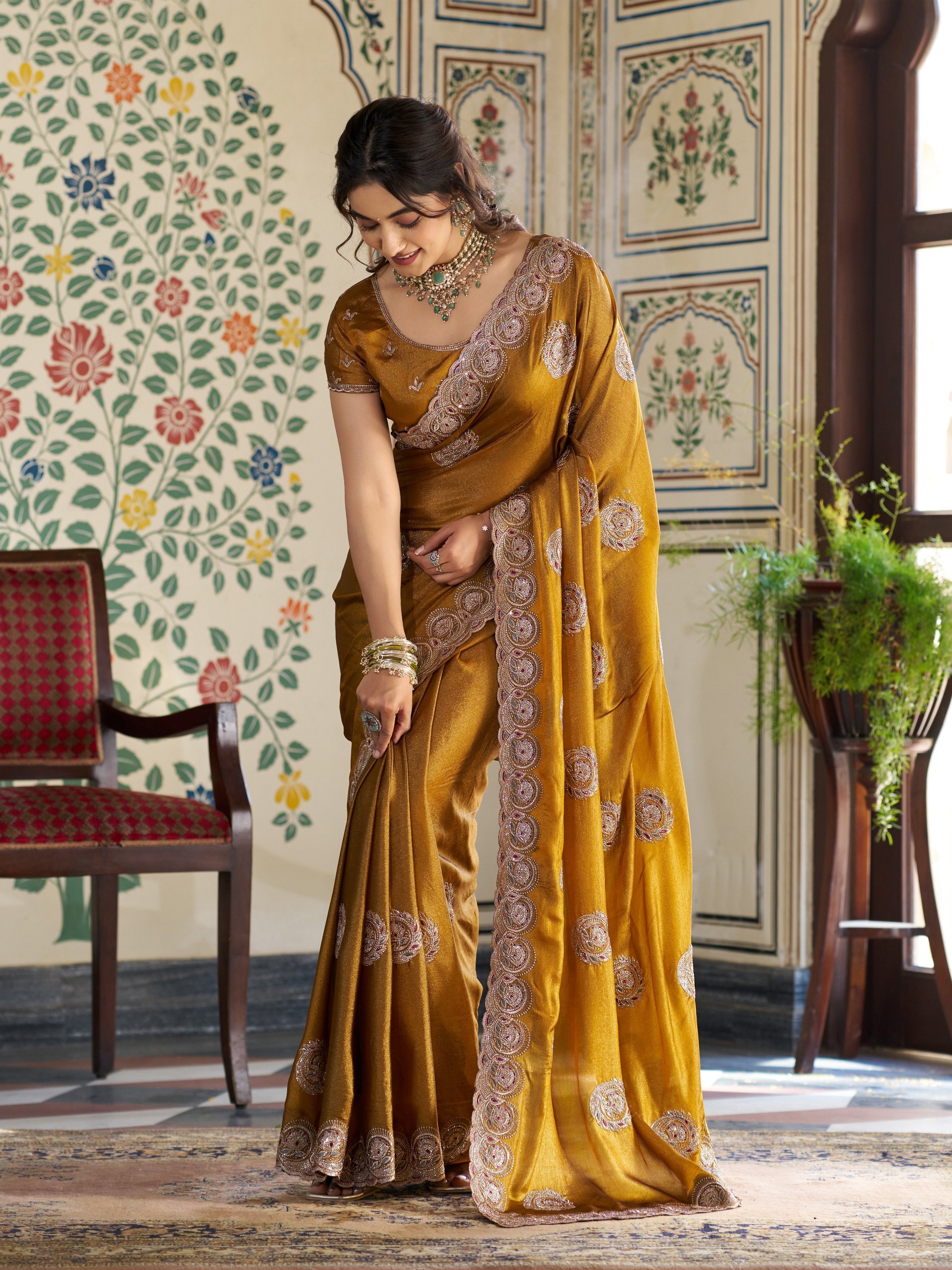 Antique Mustard Gold Fendy Satin Designer Saree with Zari Circular Motifs & Heavy Embroidered Border | Festive Wedding Wear Saree with Blouse