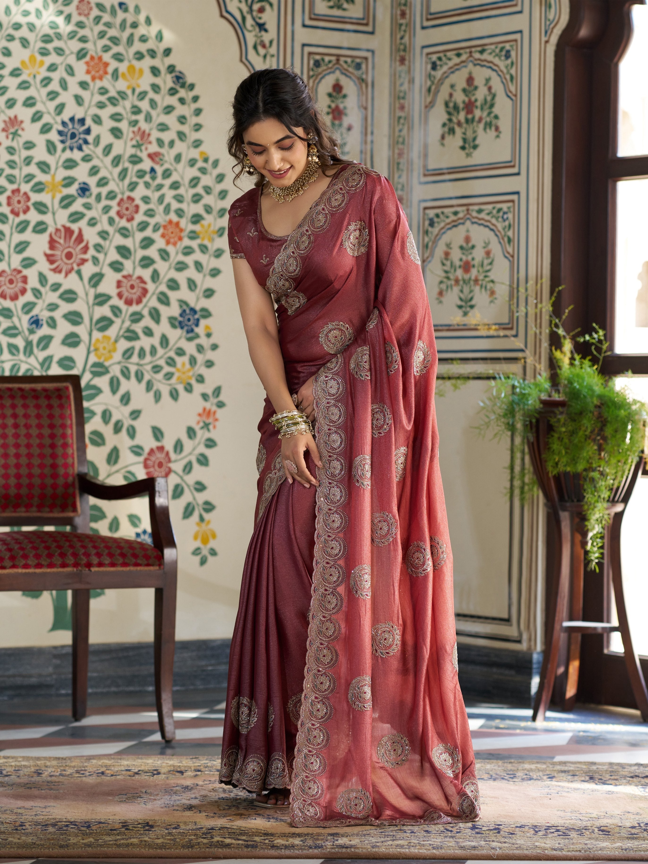 Rust Red Fendy Satin Embroidered Saree with Circular Motifs & Heavy Zari Border | Designer Saree with Tassels & Embroidered Blouse