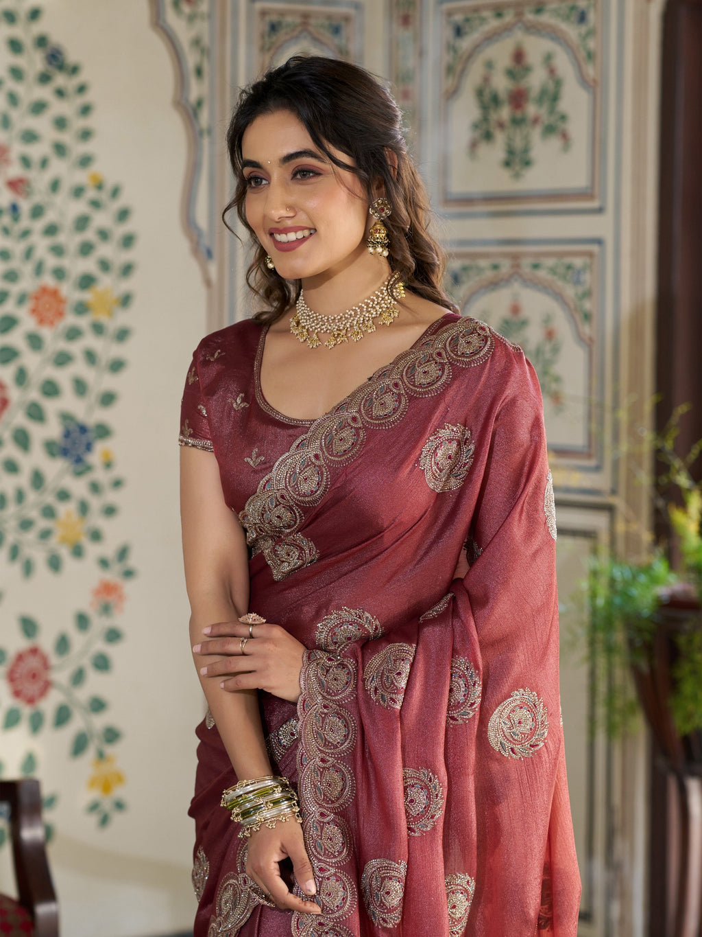 Rust Red Fendy Satin Embroidered Saree with Circular Motifs & Heavy Zari Border | Designer Saree with Tassels & Embroidered Blouse