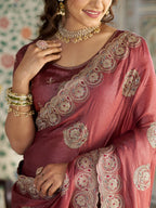 Rust Red Fendy Satin Embroidered Saree with Circular Motifs & Heavy Zari Border | Designer Saree with Tassels & Embroidered Blouse