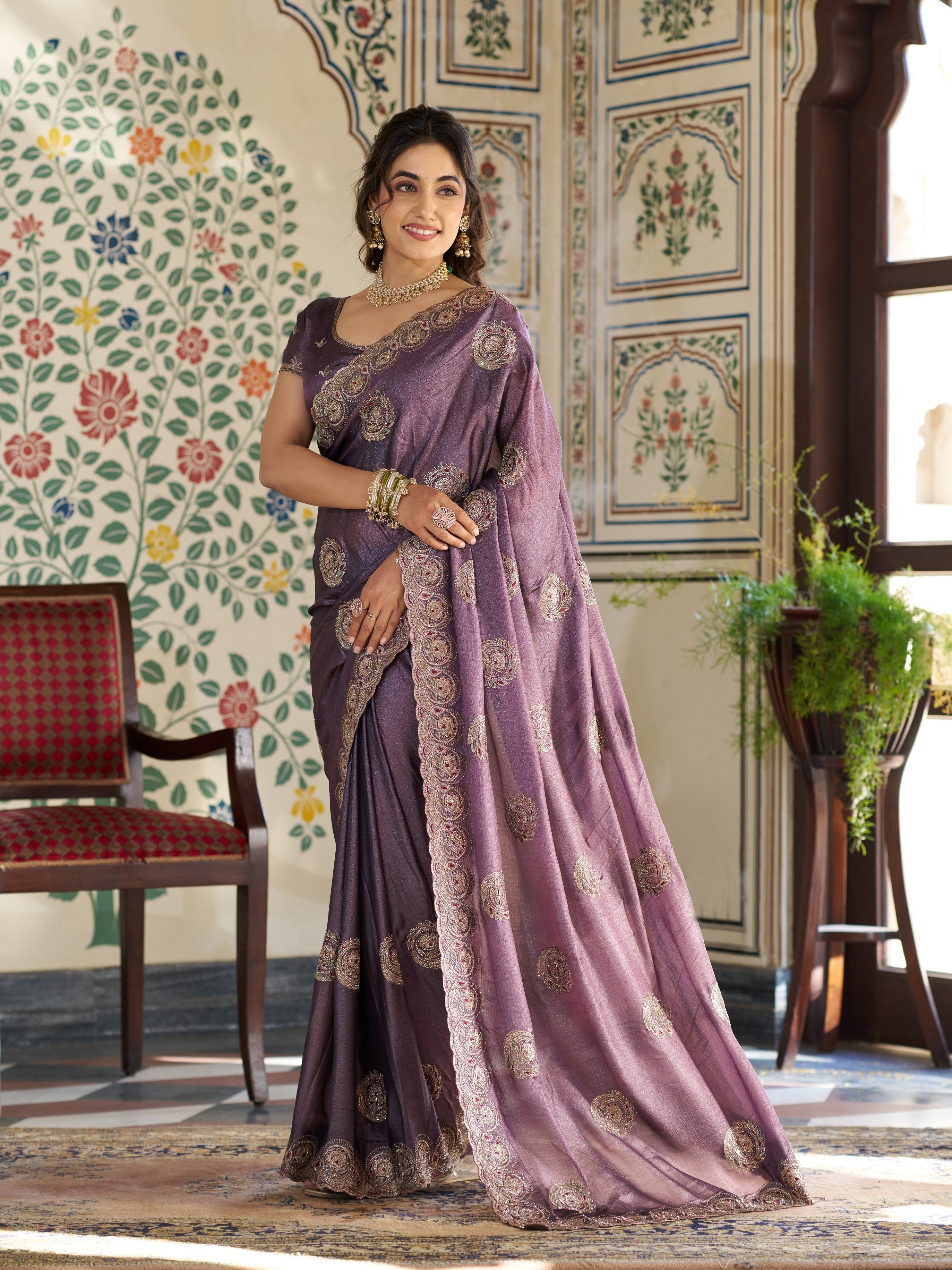 Dusty Mauve Fendy Satin Designer Saree with Zari Circular Motifs & Rich Embroidered Border | Elegant Party Wear Saree with Blouse