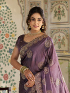 Dusty Mauve Fendy Satin Designer Saree with Zari Circular Motifs & Rich Embroidered Border | Elegant Party Wear Saree with Blouse
