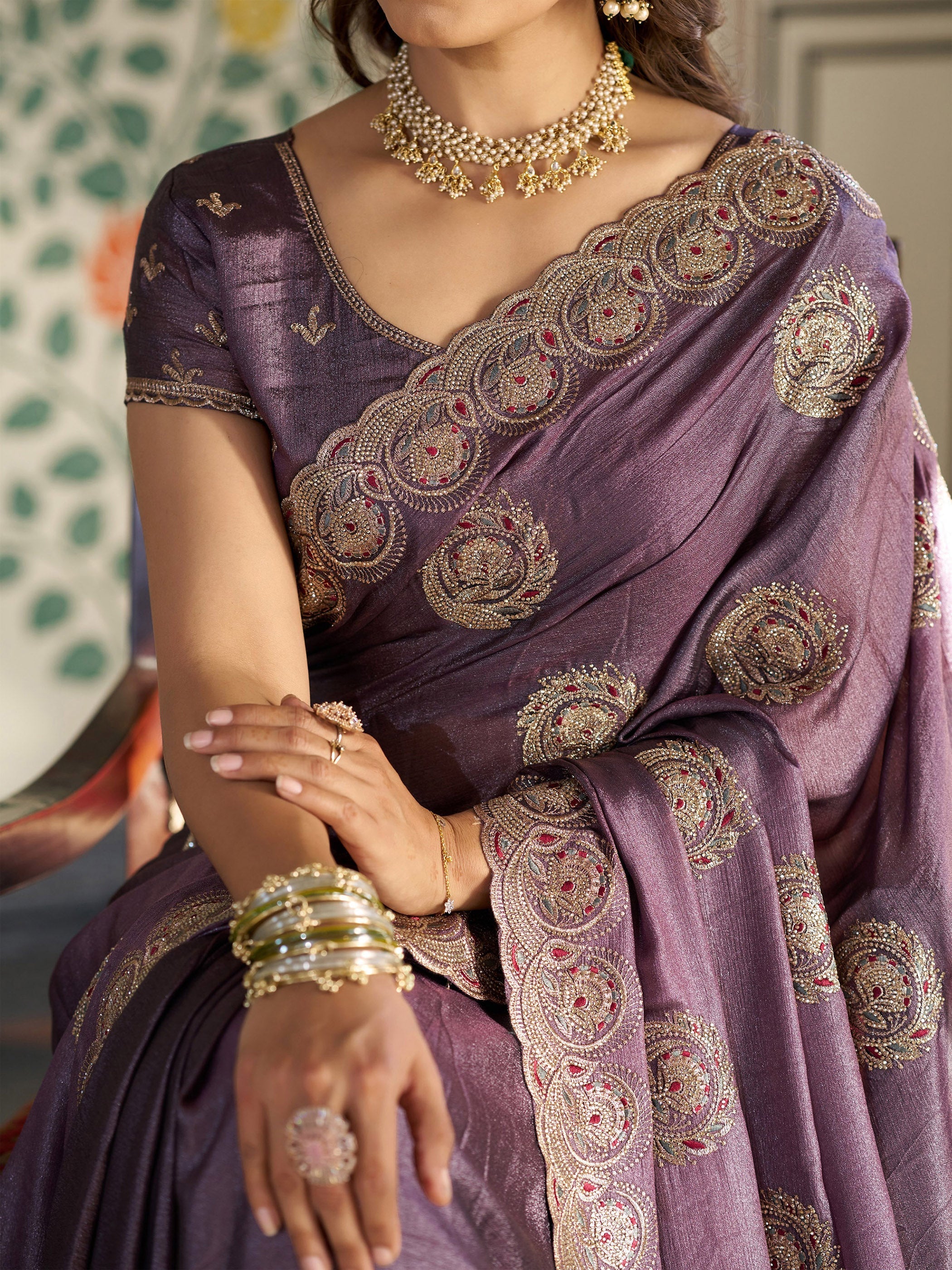 Dusty Mauve Fendy Satin Designer Saree with Zari Circular Motifs & Rich Embroidered Border | Elegant Party Wear Saree with Blouse