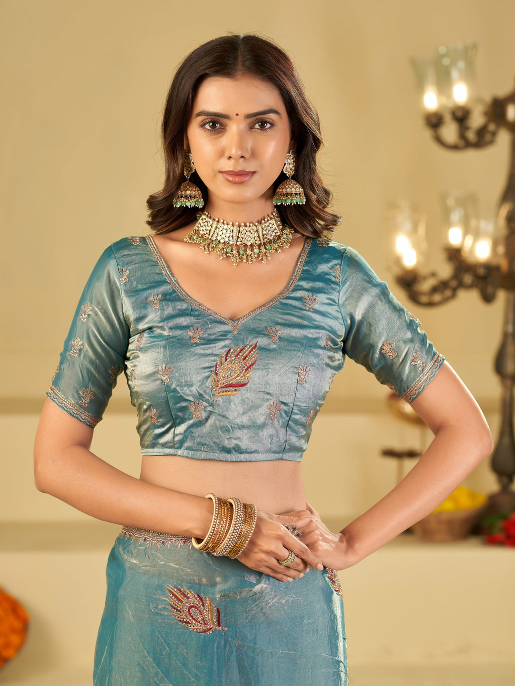 Sky Blue Designer Fendy Satin Saree with Embroidered Leaf Motifs & Heavy Lace Border | Elegant Festive Party Wear Saree with Matching Blouse