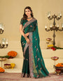 Emerald Green Designer Fendy Satin Saree with Heavy Embroidered Border | Premium Festive Party Wear Saree with Intricate Embroidery & Matching Blouse