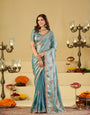 Sky Blue Designer Fendy Satin Saree with Embroidered Leaf Motifs & Heavy Lace Border | Elegant Festive Party Wear Saree with Matching Blouse