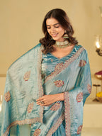 Sky Blue Designer Fendy Satin Saree with Embroidered Leaf Motifs & Heavy Lace Border | Elegant Festive Party Wear Saree with Matching Blouse