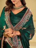 Emerald Green Designer Fendy Satin Saree with Heavy Embroidered Border | Premium Festive Party Wear Saree with Intricate Embroidery & Matching Blouse