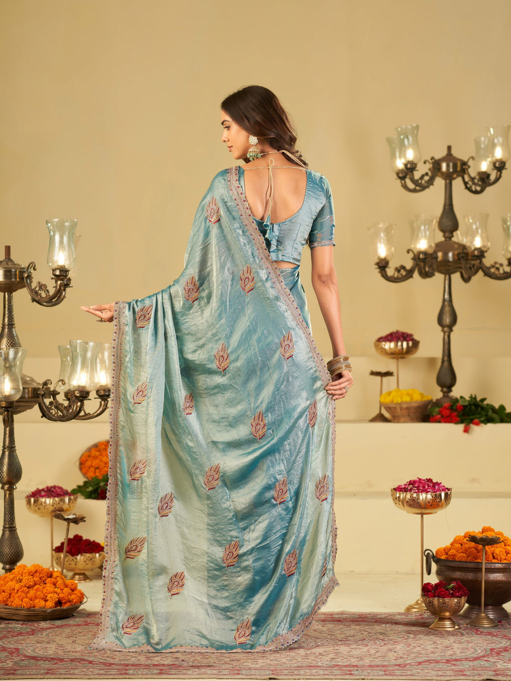 Sky Blue Designer Fendy Satin Saree with Embroidered Leaf Motifs & Heavy Lace Border | Elegant Festive Party Wear Saree with Matching Blouse