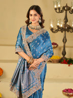Steel Blue Banarasi Silk Saree with Heavy Embroidered Border & Rich Zari Woven Pallu | Designer Festive Wedding Saree