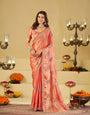 Peach Pink Designer Fendy Satin Saree with Embroidered Peacock Feather Motifs & Elegant Lace Border | Premium Festive Party Wear Saree